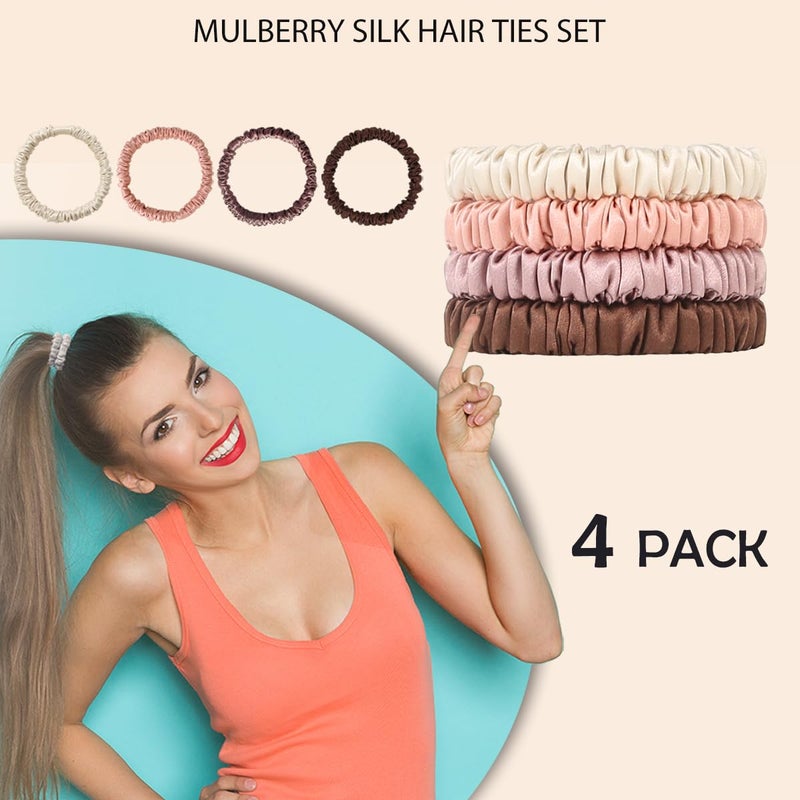 SEMRUE 4 Count Silk Hair Ties 22 Momme 100% Pure Mulberry, Beige, Coral, Brown, Cameo Brown for Hair Sleep, Small Scrunchies for Women - Image 4